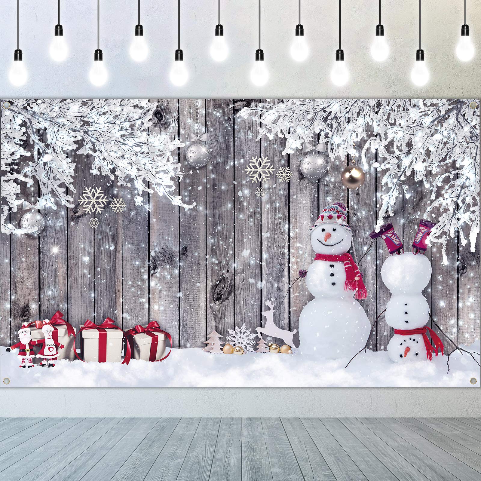 Blulu 6 x 3.6 ft Christmas Backdrop for Photography, Winter Rustic Wood Wall Snow Scene Snowman Backdrop Landscape Background for Family Merry Christmas New Year Props Decoration (72.8 x 43.3 Inch)