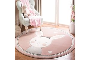 SAFAVIEH Carousel Kids Collection Area Rug - 8' Round, Pink & Ivory, Bunny Design, Non-Shedding & Easy Care, Ideal for High Traffic Areas for Boys & Girls in Playroom, Nursery, Bedroom (CRK166P)