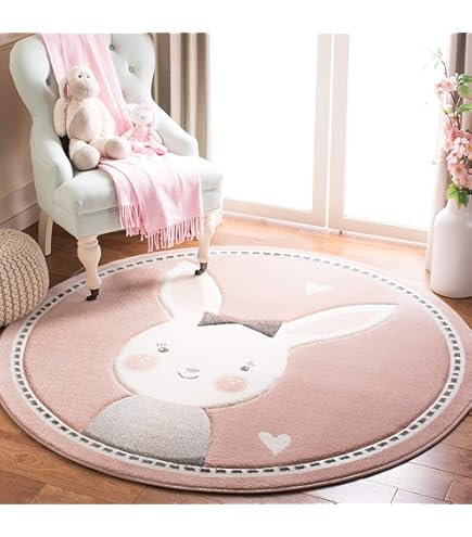 SAFAVIEH Carousel Kids Collection 6'7 Round Pink/White CRK195U Koala Hug Non-Shedding Nursery Playroom Area Rug