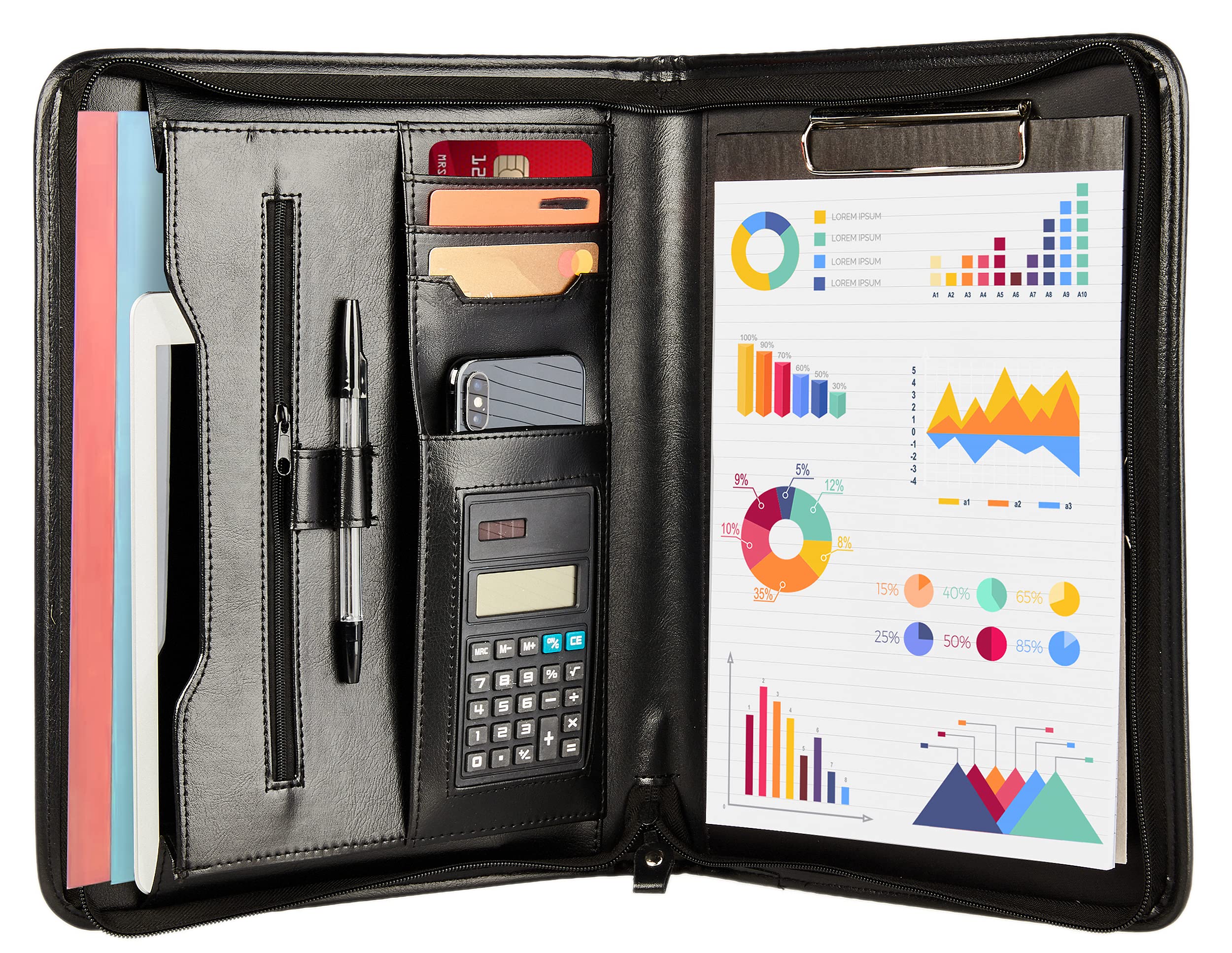 PU Leather Conference Folder by Tassia - Credit Card & Pen Organiser - Zippered A4 Document Case Bag, Portfolio Folio for Business