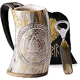 FENRIR Viking Drinking Horn Mug 16 oz – Gifts for Men, Dad, Husband – Unique Viking Gift – Handmade Real Ox Horn Cup with Opener – For Beer, Ale, Mead – Premium Valknut Edition (Shine Polished)