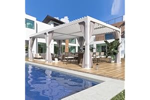 YOLENY Louvered Pergola 12x20, All Aluminum Pergola with Adjustable Rainproof Roof, Outdoor Pergola with Curtains and Nets for Patio & Garden, White