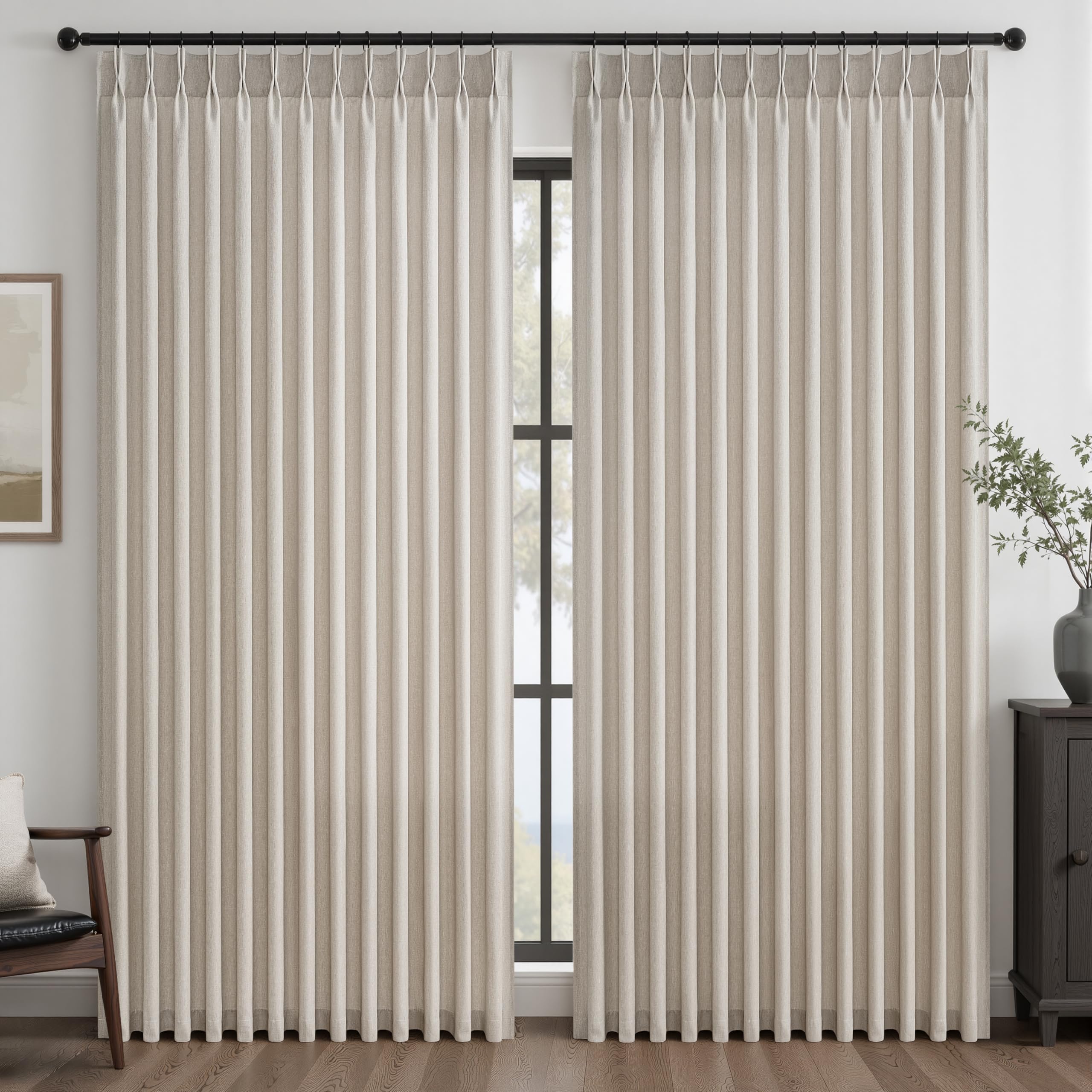 Drapenova Oatmeal Pinch Pleated Linen Curtains 84 Inch Length 2 Panels for Bedroom Living Room Textured Semi Sheer Window Curtain Boho Neutral Back Tab Pinch Pleat Drape with Hooks 84 Inches Long