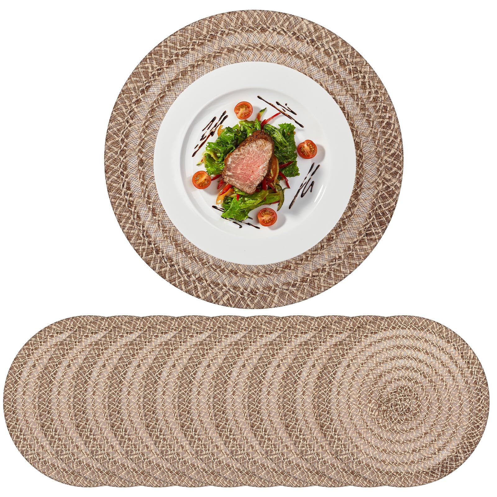 Photo 1 of Acellegic 12 Pcs Jute Placemats Boho Braided Woven Table Mats for Dining Table Farmhouse Coasters for Thanksgiving Christmas Party Wedding Events(Classic,12 Inches)