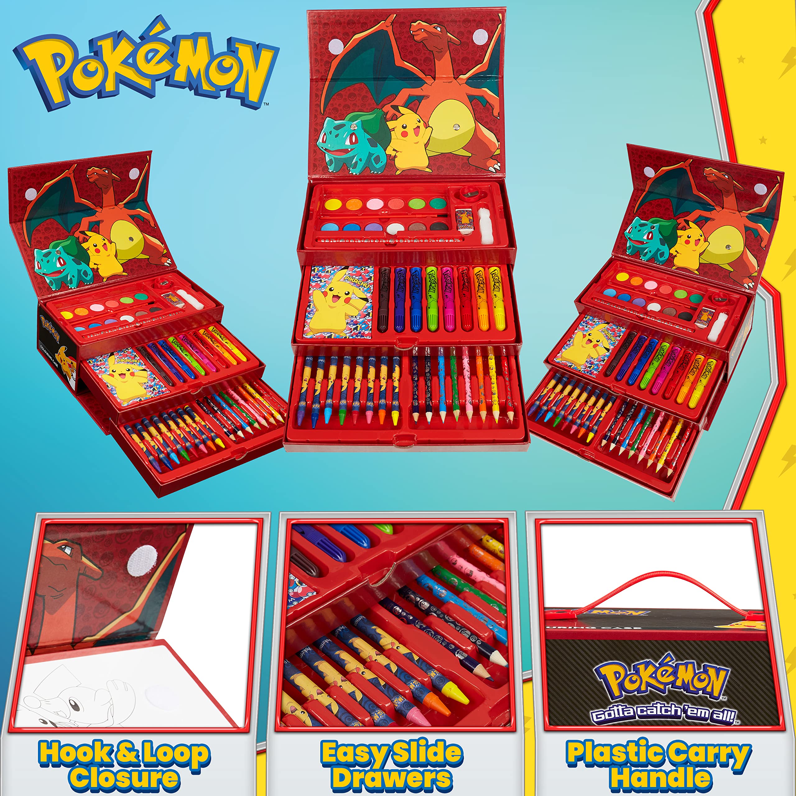 Pokemon Art Set for Boys Girls Drawing Painting Kit Markers Crayons Colored Pencils School Supplies Anime Gifts for Kids (Black/Red)