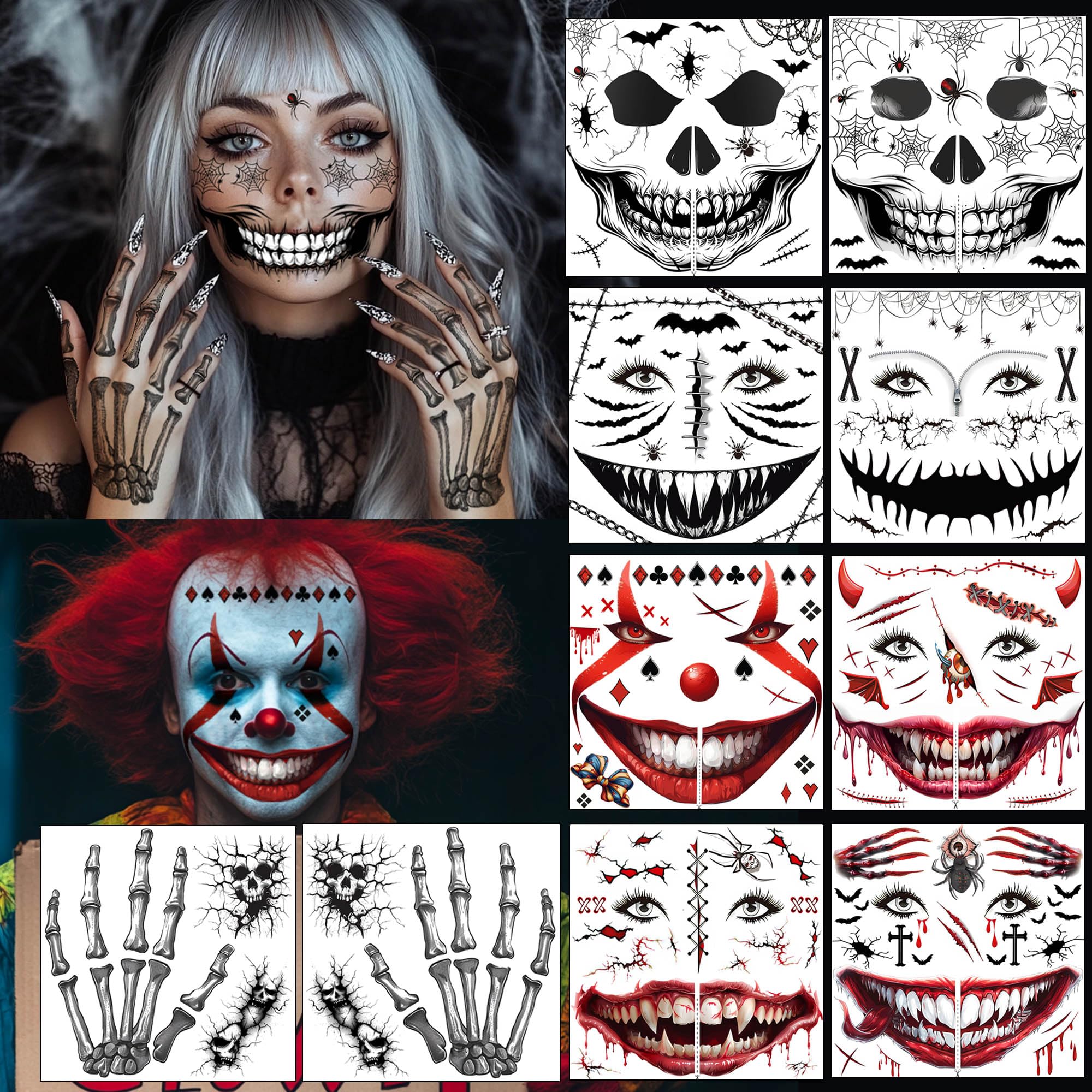 10 Sheets Face Tattoos: Skull, Clown, Spider Web - Halloween Make Up for Women & Men