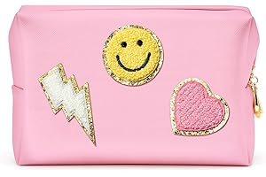 LieToi Preppy Patch Cosmetic Toiletry Bag, PU Leather Portable Waterproof Makeup Bag Smile Lightning Heart Organizer Compliant Bag Daily Travel Use Storage Purse for Women Girls (Large, Pink)