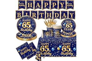 65th Birthday Decoration Men-142pcs Navy Blue and Gold Birthday Tableware Set(Serve for 20) Include Happy 65th Birthday Banne