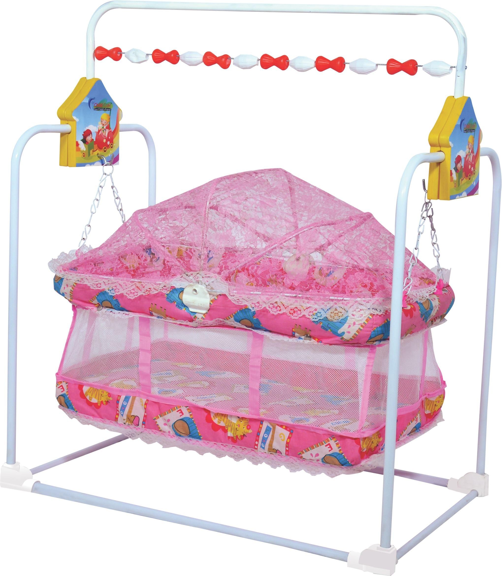 GRAZIA OBBO Baby Kick and Play Crib Palna Cum Baby Bedding Set with Mosquito Net (Pink)-J10