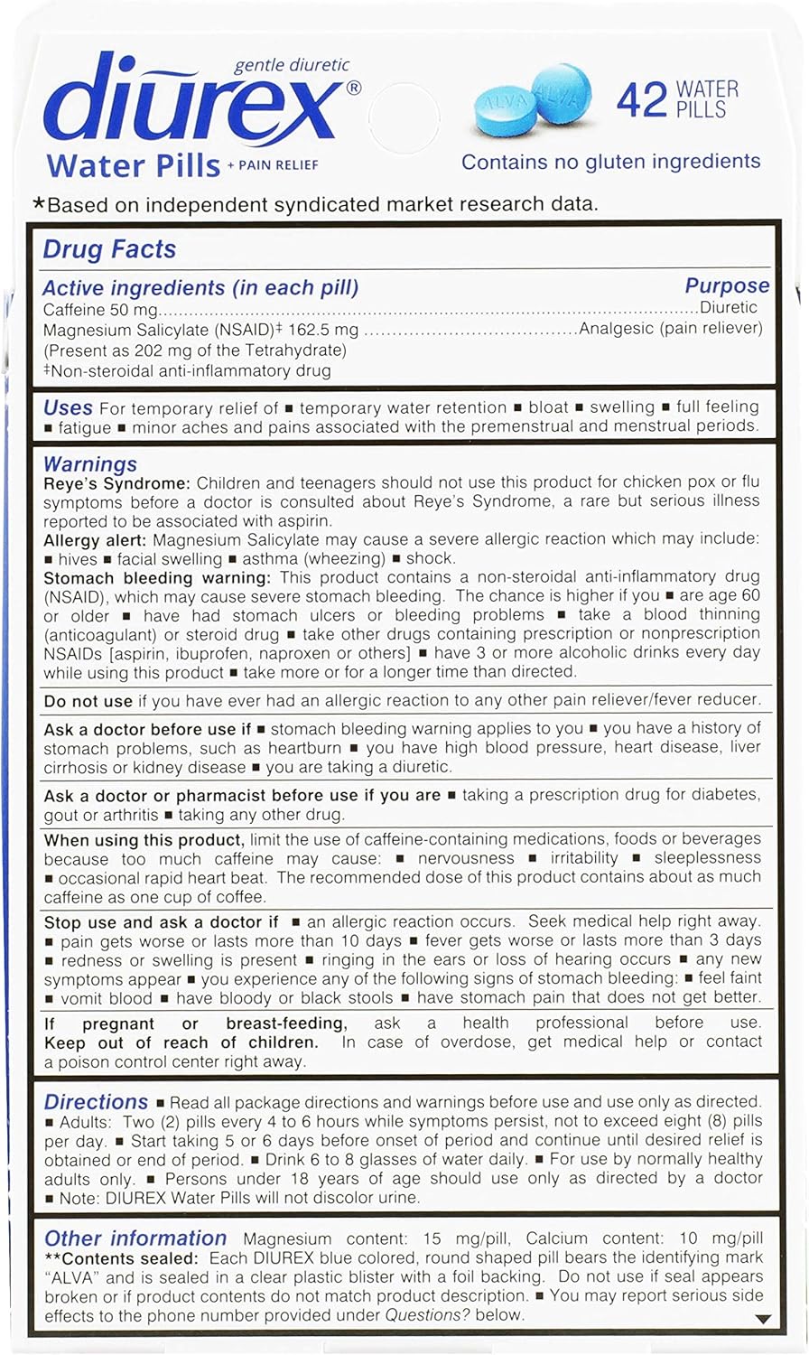 Diurex Water Pills + Pain Relief - Relieve Water Bloat, Cramps, & Fatigue - 42 Count: Health & Personal Care