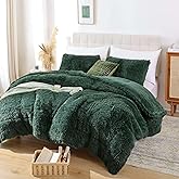 Smoofy Fluffy King Size Comforter Set, Faux Fur Comforter Set, Luxury Fuzzy King Bedding Set, Soft Shaggy Bed Set for All Season, 3 Pieces - 1 Comforter & 2 Pillowcases, Dark Green