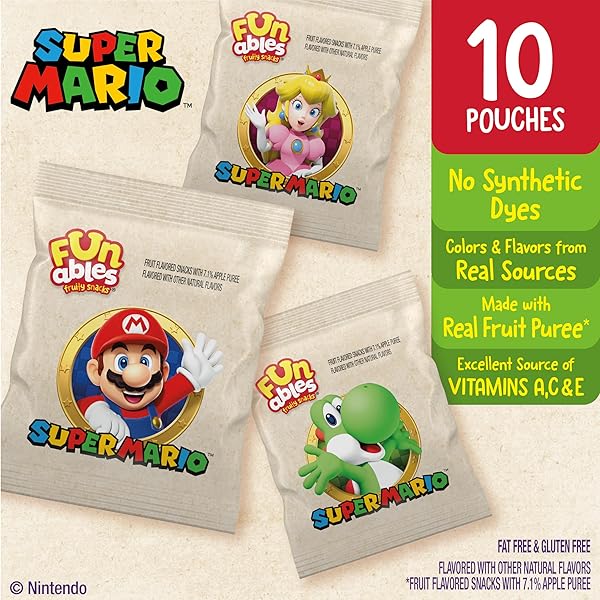FUNABLES FRUITY SNACKS, SUPER MARIO, ASSORTED FRUIT, FLAVORED SNACKS, 0.8 OZ 10 CT