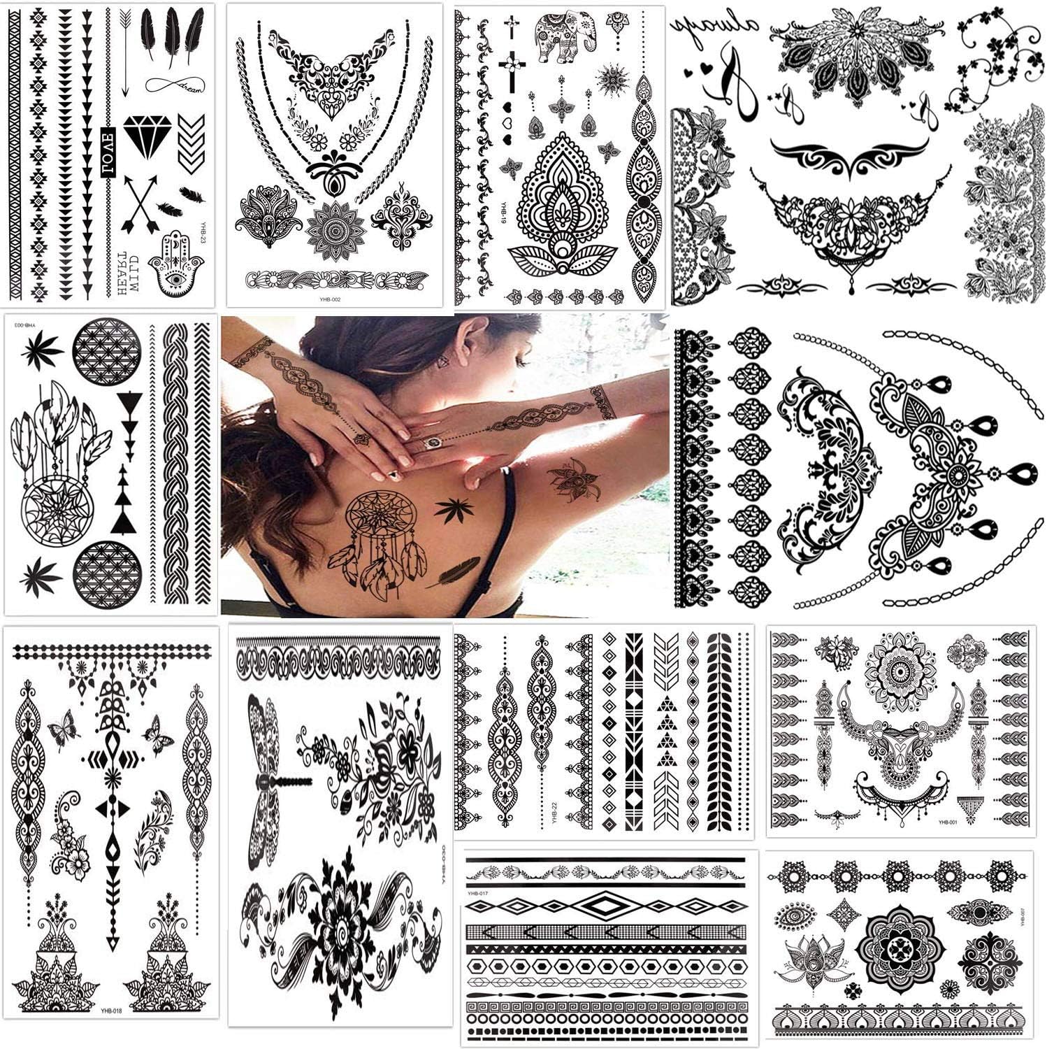 Temporary Tattoo Full Arm Size Tattoo Body Stickers for Man & Women Waterproof Removeable Non-Toxics & Safe for All Skin (Black)