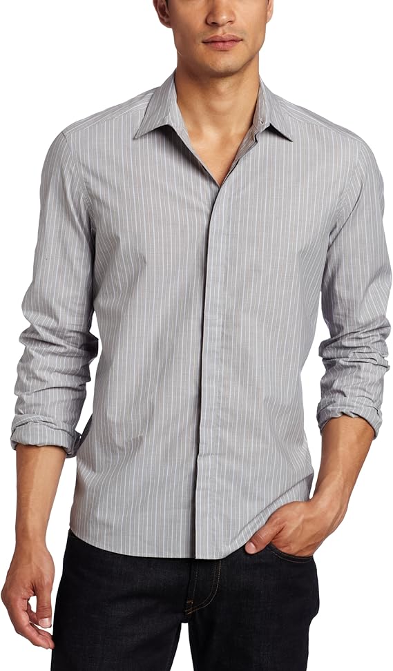 Cole New York Men's Covered Placket Stripe Shirt, Shadow Gray