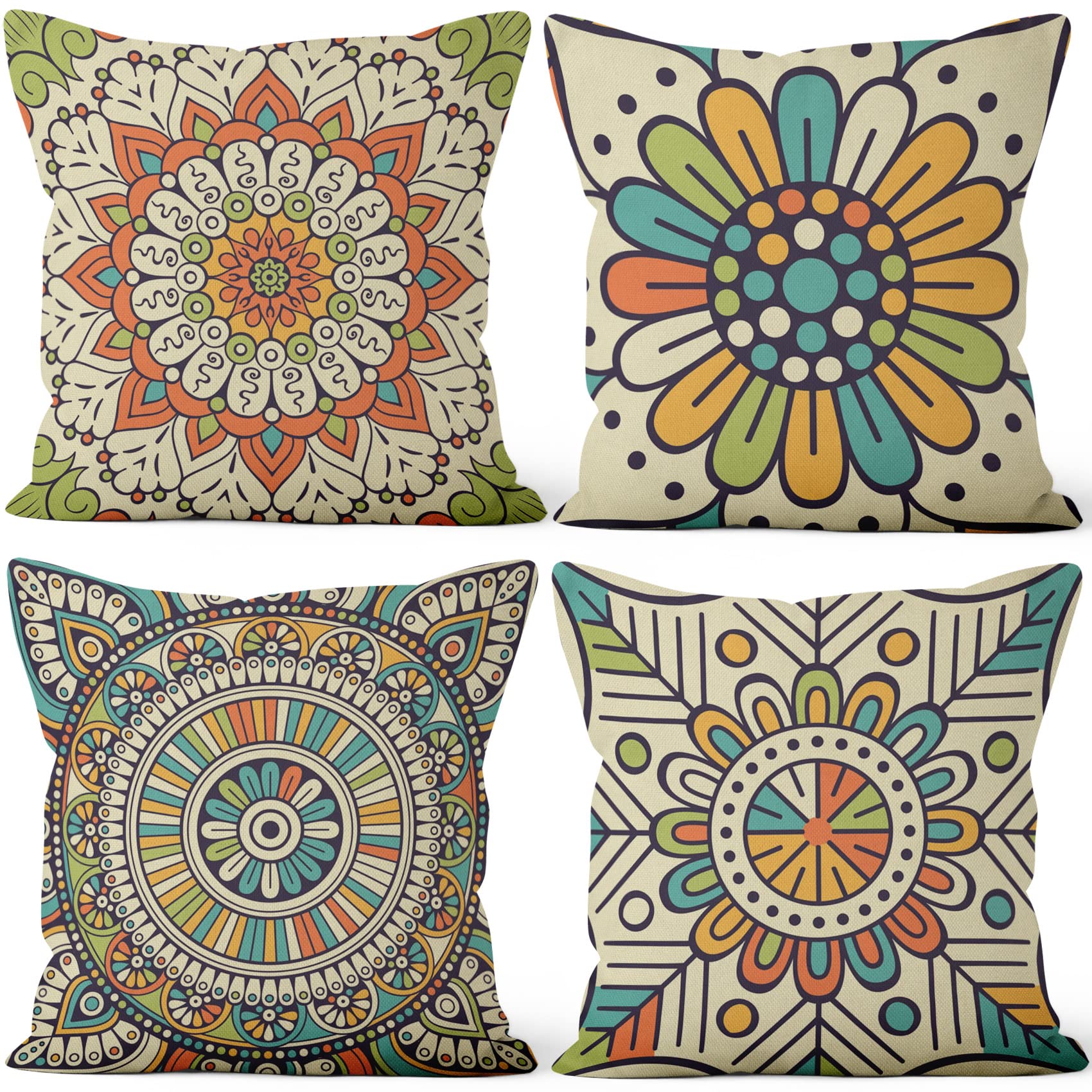 Aoihrraan 22 x 22 Inch Cushion Covers Colorful Bohemian Mandala Flower Square Linen Throw Pillow Covers Home Decor For Farmhouse Bedroom Living Room Sofa Outdoor Garden Couch, 56x56cm Set of 4
