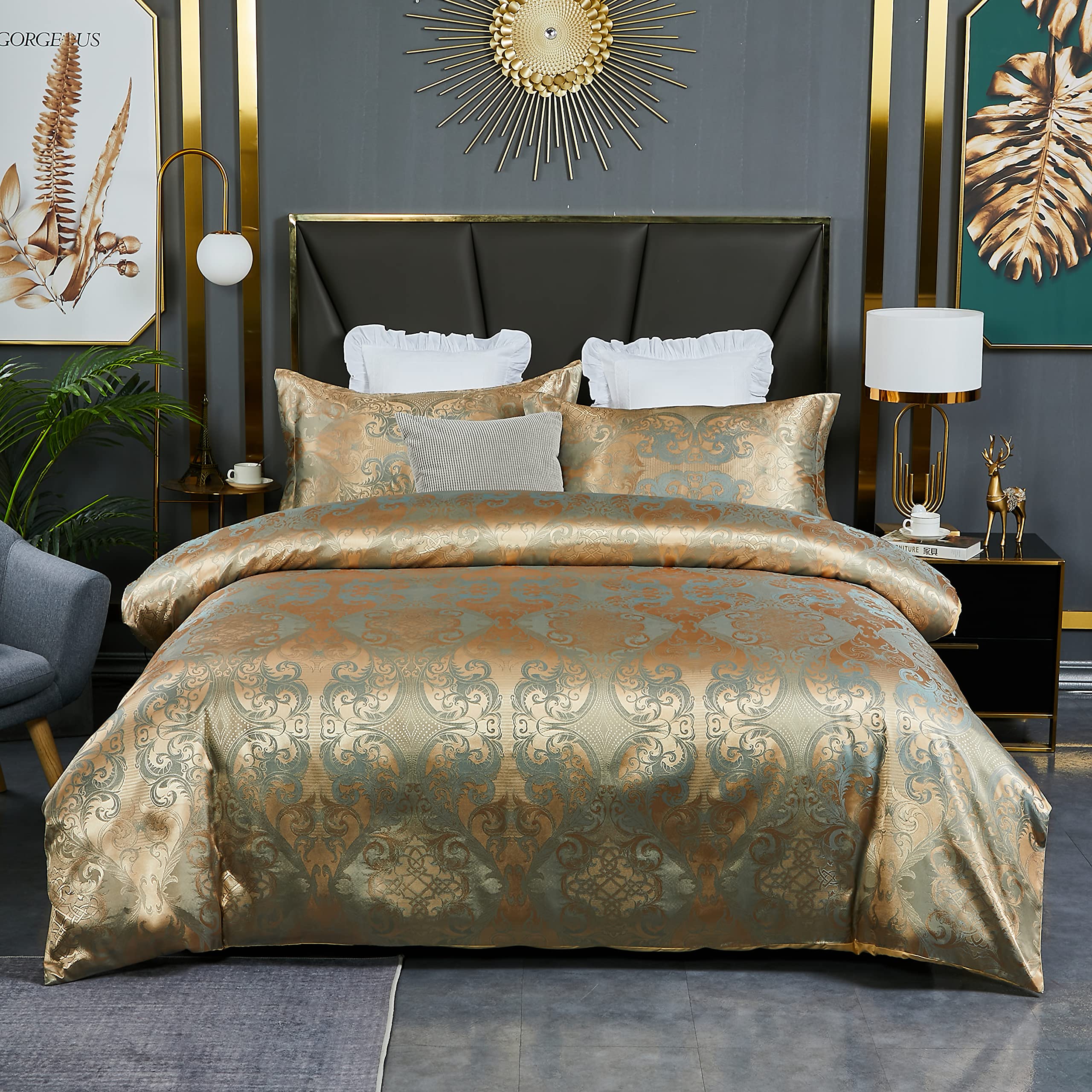 HMtideby Jacquard Duvet Cover Set King Microfiber Bedding Sets 3 pcs Gold Duvet Quilt Cover with 2 Matching Pillow Cases 240x220cm