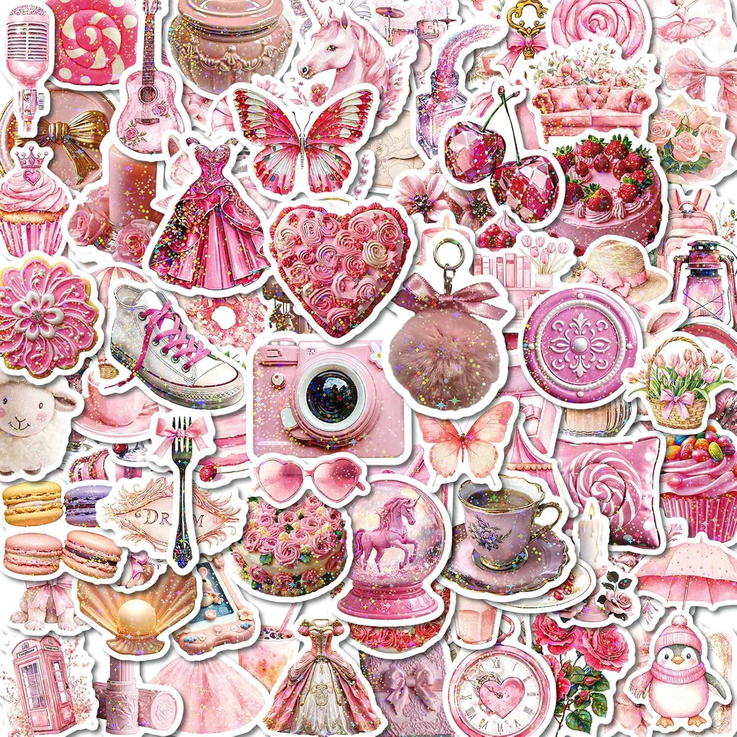 100 PCS Coquette Stickers Pack - Pink Aesthetic, Holographic, Cute Girly Stickers | Thickened Vinyl, Waterproof, Scratch-Resistant | for Water Bottles, Laptops, Journals, Gift Giving