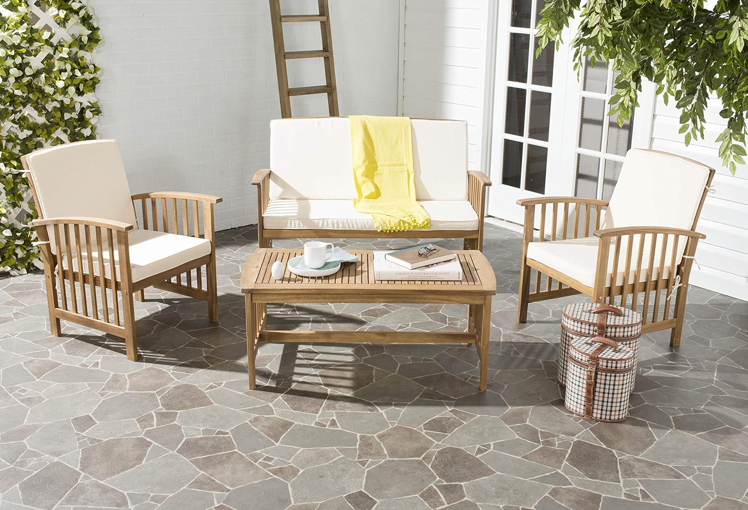 Safavieh Outdoor Collection Rocking 4 Piece Patio Set, Teak and Beige: Furniture & Decor