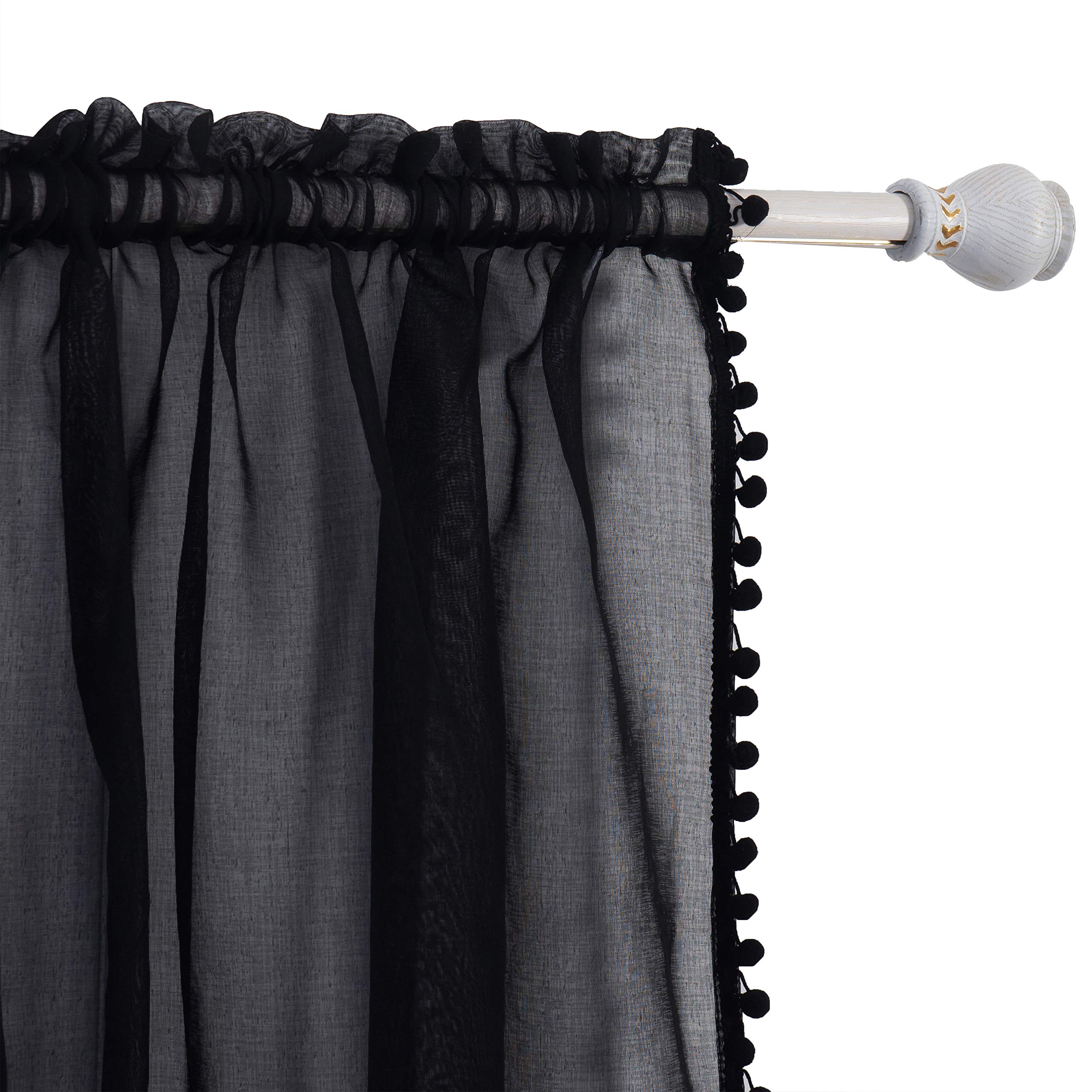 Elegant Comfort Semi-Sheer Pom Pom Tassels Curtains - 2 Panels Set - with 2inch Rod Pocket - Solid Sheer Curtain Drapes for Living Room, Bedroom, W40 X L84, Black