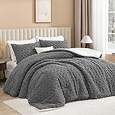 Andency Fluffy Sherpa King Comforter Set Grey, Super Soft Gray Fleece Warm Bedding for Winter, Luxury Jacquard Boho Thick Fuzzy Plush Bed Set 3 Pieces(1 Shaggy Comforter, 2 Pillowcases)