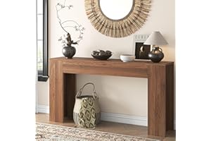 knoworld 63-Inch Long Console Table with LED Light, Farmhouse Sofa Table Behind Couch, Wooden Console Table for Entryway Hallway Entrance Living Room, Brown