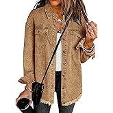 luvamia Denim Jacket for Women Oversized Button Down Casual Jean Shacket Jackets Long Sleeve Frayed Hem Western Trendy