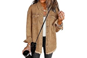 luvamia Denim Jacket for Women Oversized Button Down Casual Jean Shacket Jackets Long Sleeve Frayed Hem Western Trendy