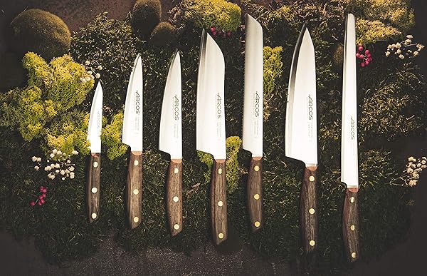 ARCOS SANTOKU KNIFE 7 INCH STAINLESS STEEL. JAPANESE KITCHEN KNIFE FOR FISH, MEAT AND VEGETABLES. OVENGKOL WOOD HANDLE 100% NATURAL FSC AND 190MM BLADE. SERIES NORDIKA. COLOR BROWN.