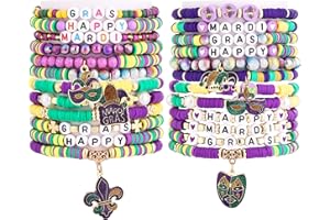 Taouzi 24 Pieces Surfer Heishi Bracelets for Women Handmade Stackable Stretch Friendship Bracelets Bulk Mardi Gras Bracelets Christmas Bracelets Holiday Jewelry Gifts for Women Party Supplies Bracelets