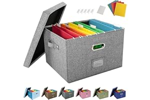 JSungo File Box with 5 Hanging Filing Folders, Document Organizer Storage for Office, Collapsible Linen Storage Box with Lids, Home Portable Storage with Handle, Letter Size Legal Folder, Grey