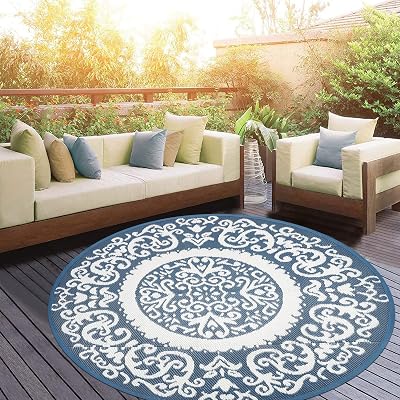 Homcomodar 150CM Round Outdoor Rug Reversible UV Resistant Plastic Mat