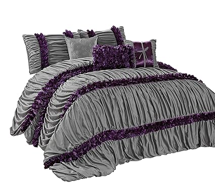 Amazon Com Hig 7 Piece Comforter Set King Gray Damask Satin