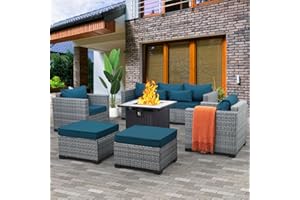 Lviden 6 Pieces Wicker Patio Furniture Sets Outdoor Conversation Set PE Rattan Sectional Sofa Couch with 30" Fire Pit Table and Peacock Blue Cushions
