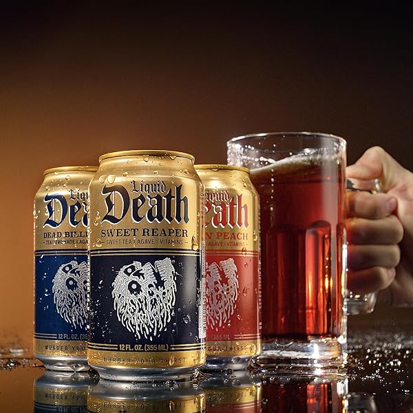 LIQUID DEATH ICED TEA – VARIETY, LESS SUGAR*, BOOST OF CAFFEINE, B VITAMINS, NO ARTIFICIAL SWEETENERS, 4 FLAVORS: TEA/LEMONADE, REST IN PEACH, SWEET REAPER, BLUEBERRY BUZZSAW, 12 FL OZ (PACK OF 12)