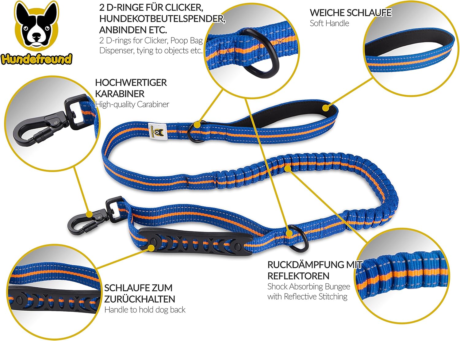 Elastic Dog Lead 4 Foot (120 cm) Blue-Orange with Shock Absorber, Blue/Orange, 1.2 meters - Image 3