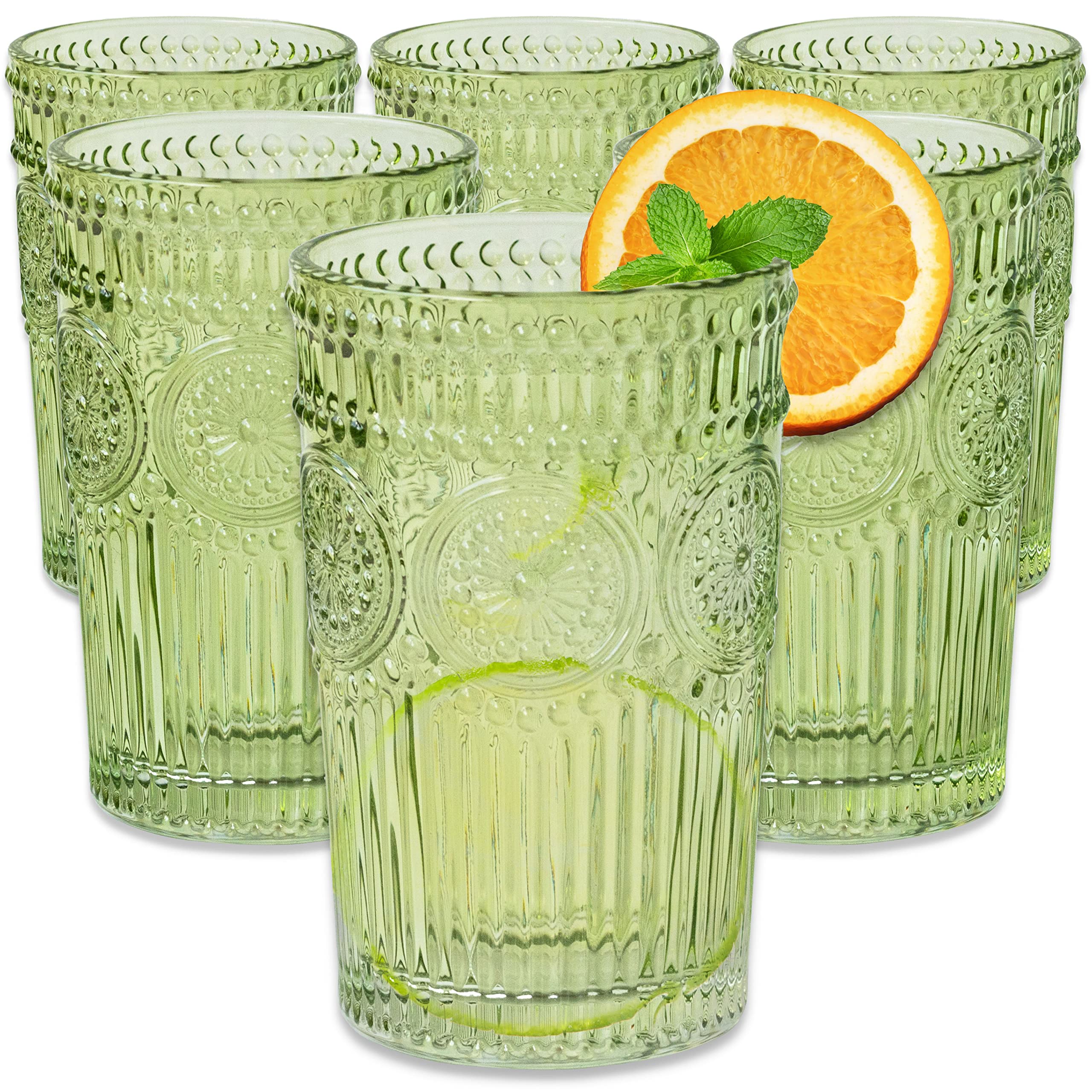 Vintage Ribbed Green Drinking Glasses Set of 6-13 oz Embossed Glass Cups for Water, Iced Tea, Cocktails - Colored Glassware for Kitchen, Vintage Tumblers, Cute Glass Cups, Boho Drinkware