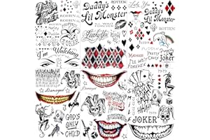 GOROMON 6 Sheets 3D Joker Tattoos Stickers, Halloween Damaged Joker Temporary Tattoos For Women Men Adults Hand Face, Halloween Makeup Kit Costume Party Rave Accessories Clown Prison Rapper Prisoner F