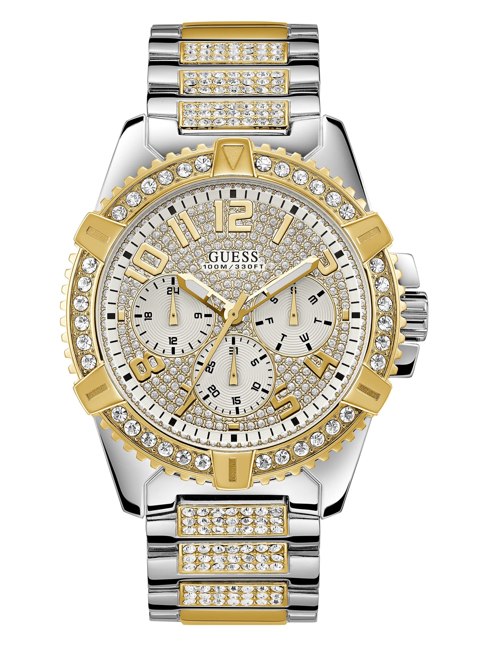 GUESS Reloj de pulsera adornado con cristales en tono dorado y acero inoxidable con día, fecha y hora militar/internacional las 24 horas. Color: plateado + dorado (modelo: U0799G4)