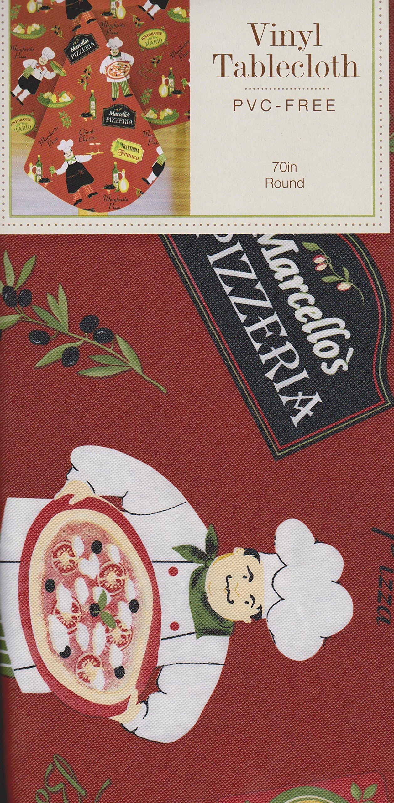 Chef Bistro Pizza Peva Vinyl Tablecloth - 70in. Round