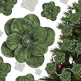 Craftsatin 12 Pcs Large Velvet Christmas Poinsettia Magnolia Flowers Ornaments Glitter Big Heads Artificial Magnolia Flowers for Decoration Wedding Decor Supplies (Forest Green)