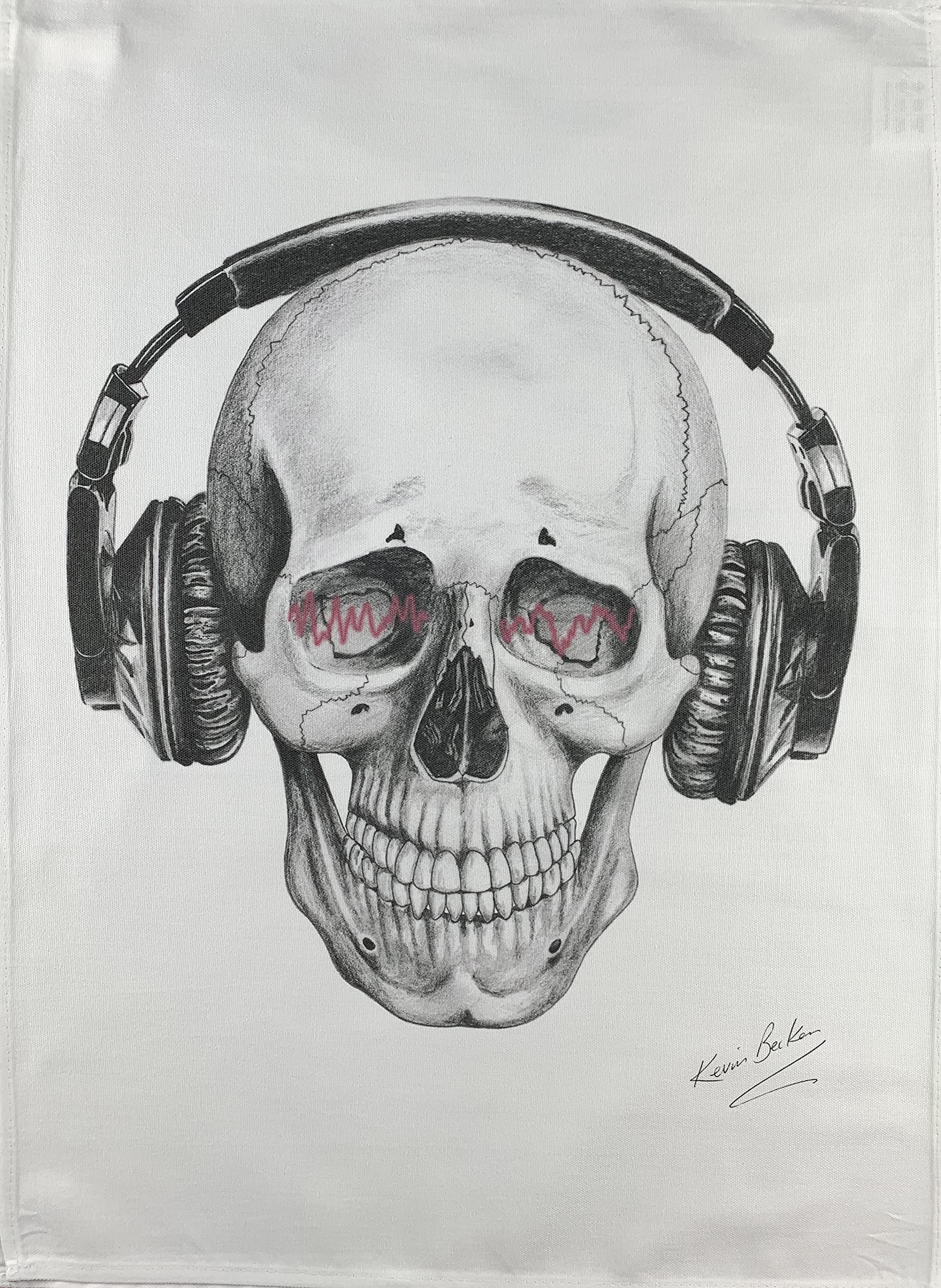 Half a Donkey Hand Drawn Skull Soundwaves Large Cotton Tea Towel