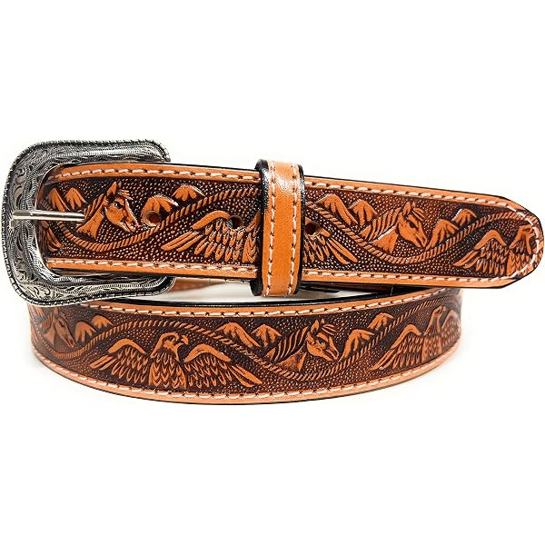 Tony Lama Men's Western Tooled Leather Belt | 1.5" Wide Bronc Buckle Set, Brown/Tan