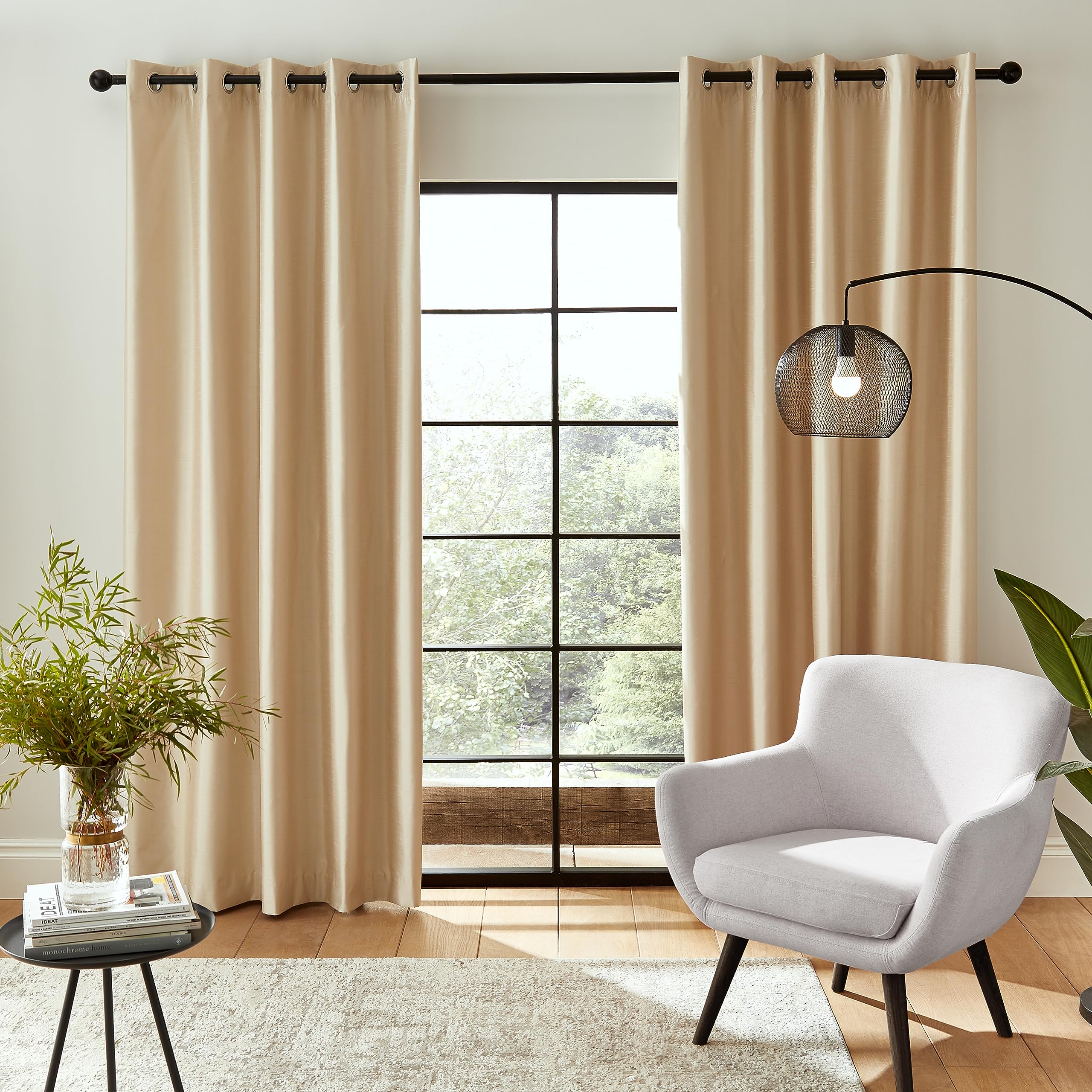 Catherine Lansfield Downstairs Faux Silk 66x72 Inch Blackout Thermal Insulating Eyelet Curtains Two Panels Champagne Gold