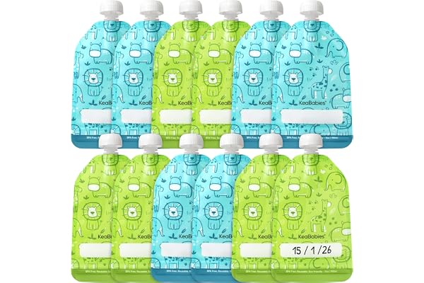 12-Pack Reusable Baby Food Pouches Refillable, 5oz, BPA-Free (Little Zoo) | Dishwasher-safe, Freezer-safe Reusable Pouches for Toddlers, Kids Squeezable Yogurt, Apple Sauce, Baby Fruit Puree Container