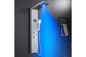POPFLY Shower Panel Tower with LED Mist Shower Rainfall Head ＆ 2 Body Jets with LED, Tub Spout and Temperature Display, No Battery Needed Shower Tower Column System, Brushed