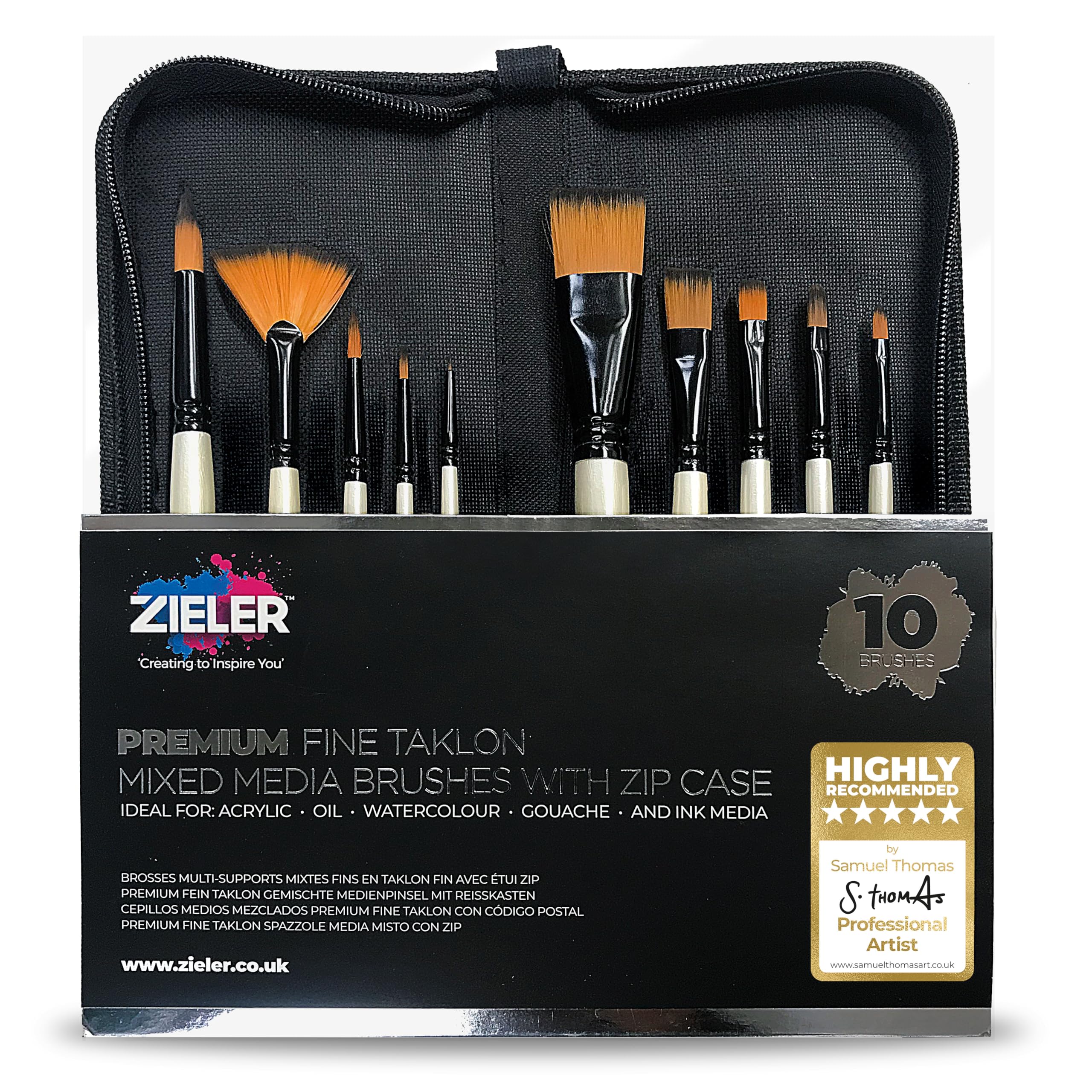 10 Premium Mixed Media Artists Brushes in a Zip Case - by Zieler® - Suitable for Oil, Acrylic and Watercolour Painting