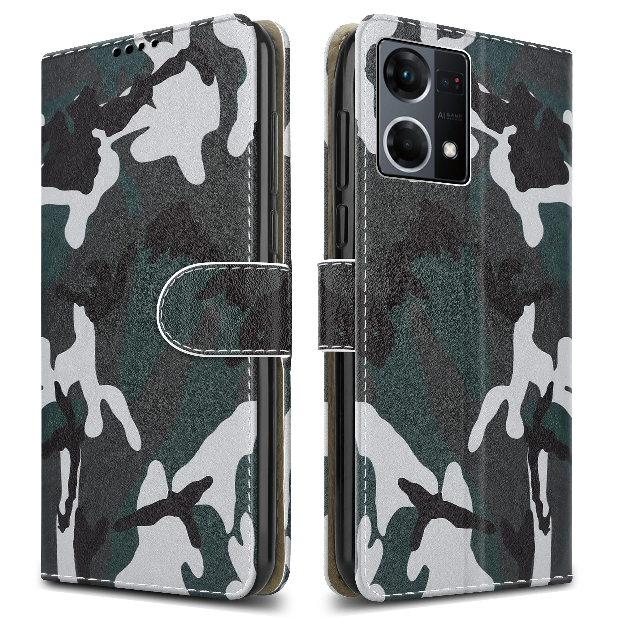PIXFAB For Oppo Reno 7 4G Leather Phone Case, Magnetic Closure Full Protection Book Folio Design, Wallet Case Cover [Card Slots] and [Kickstand] For Oppo Reno 7 4G (6.43") - Camouflage