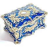 Truewon Jewelry Chest Rose Pastoral Style Metal Box Trinket Vintage Trinket Gemstone Storage Tray Treasure Souvenir Gift Case for Girls Women (Golden Blue, Small)