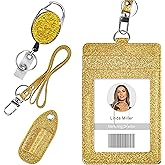 Retractable ID Badge Holder, Multipurpose Bling Rhinestone Badge Reel with Belt Clip Key Ring, Shiny PU Leather Badge Holder with Lanyard and Pen Holder for Nurse, Teacher,Office Worker (Gold)