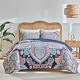 Boho Quilt Set Queen Size - Reversible Bohemian Quilt Bedding Set, 3 Pieces Colorful Lightweight Microfiber Bedspread Navy Blue Orange Paisley Coverlet Set with 2 Pillow Shams for All Seasons